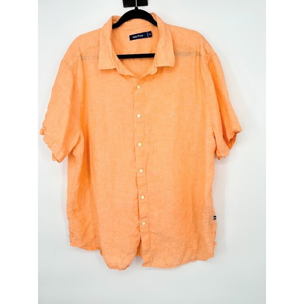 Nautica Mens XXL Orange 100% Linen Button Casual Shirt Summer Coastal Beachy